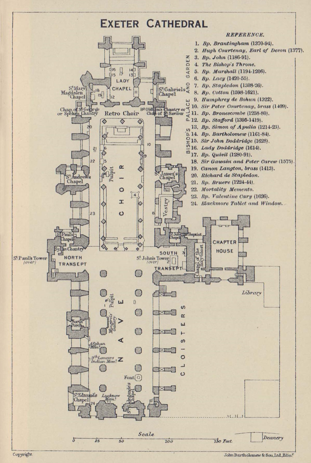 Exeter Cathedral ground floor plan. Devon 1920 old antique map chart